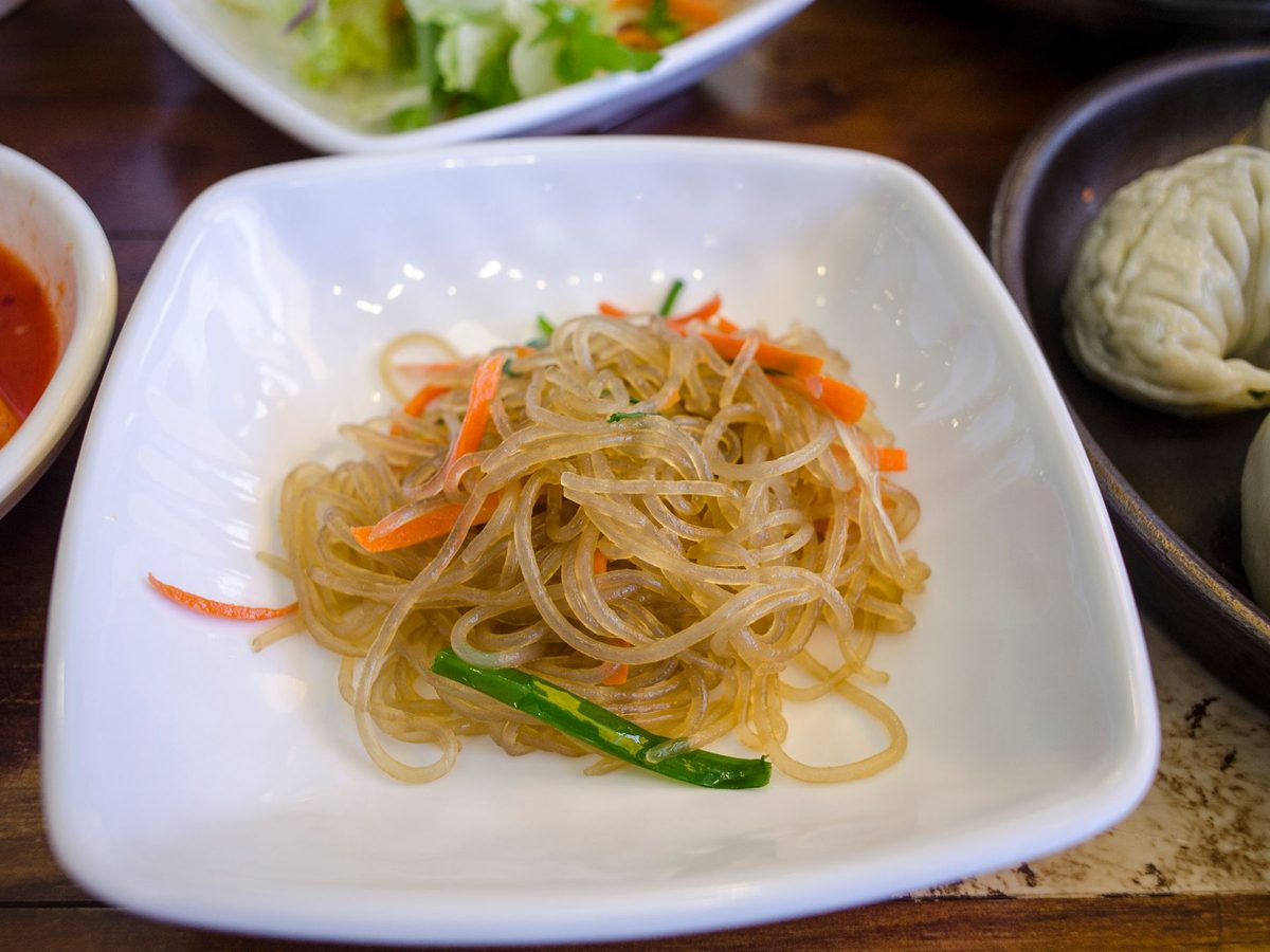 Japchae, Korean sweet potato glass noodles tossed with vegetables and sesame
